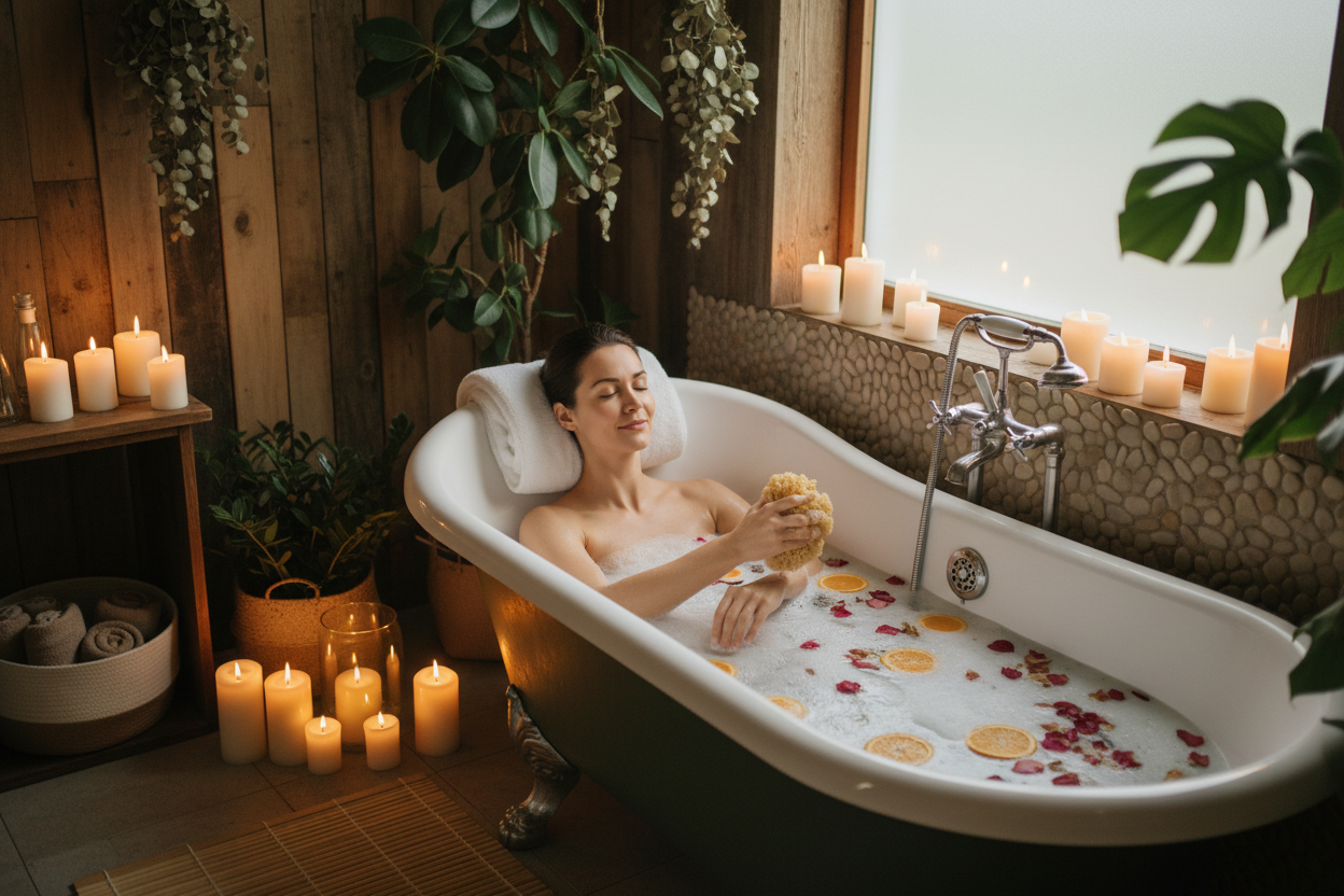 woman in bath scrubing and relax 